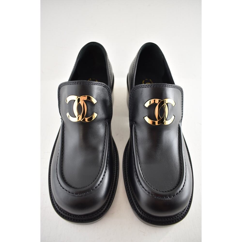 Chanel 55mm Black Calfskin Leather CC Gold Logo Block Heel Platform Loafer 39 - Picture 12 of 16